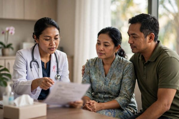 An oncologist discusses a blurred report with a patient and family member.
