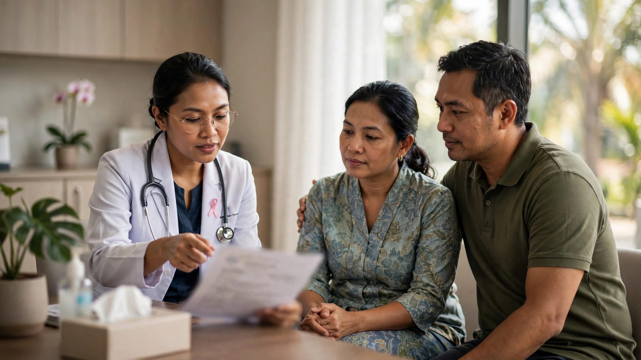 An oncologist discusses a blurred report with a patient and family member.