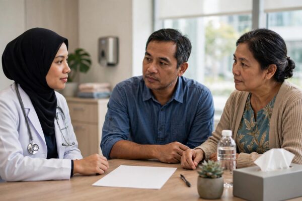 An oncologist discusses a blank report with a patient and caregiver in a hospital room.