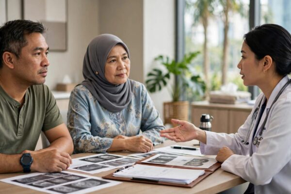 An oncologist discusses scan images and medical records with a patient and family member.