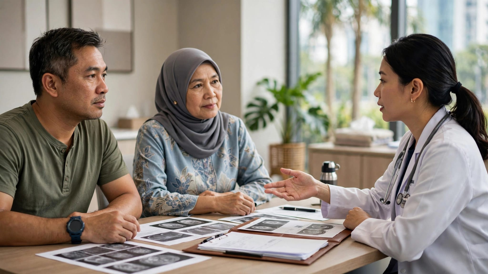 An oncologist discusses scan images and medical records with a patient and family member.
