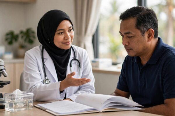 A Malaysian doctor and patient review pathology results beside a microscope and tissue sample container.