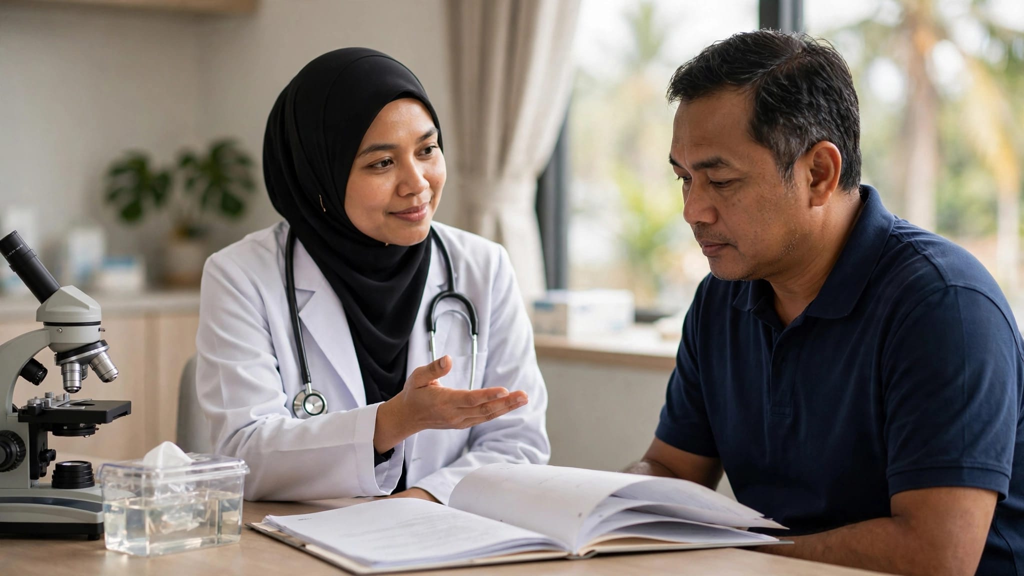 A Malaysian doctor and patient review pathology results beside a microscope and tissue sample container.