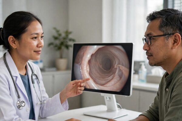 A doctor discusses an endoscopy image with a seated patient.