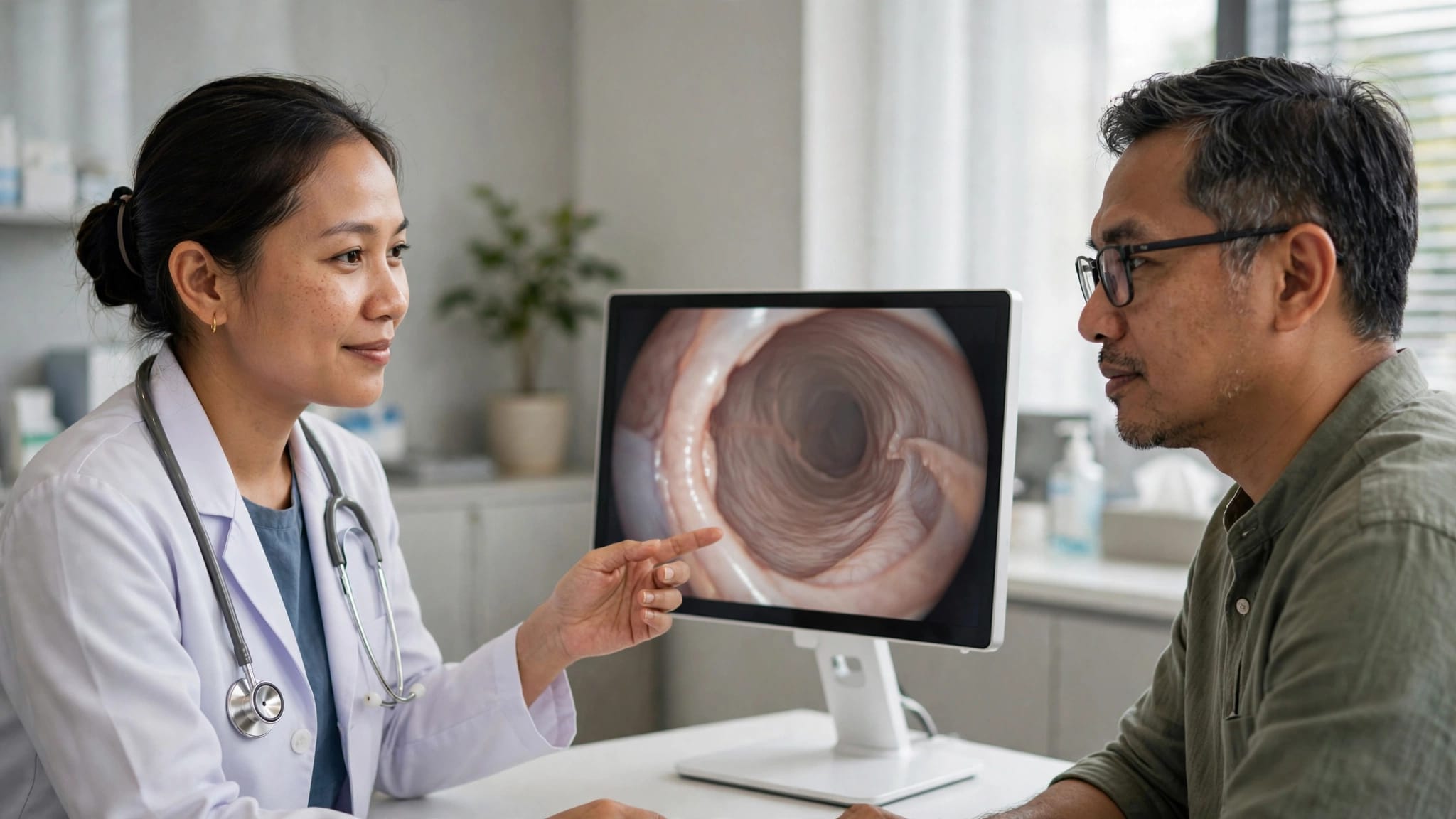 A doctor discusses an endoscopy image with a seated patient.