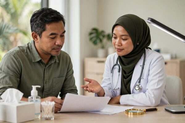 Dermatologist and patient review a pathology report at a clinic desk.