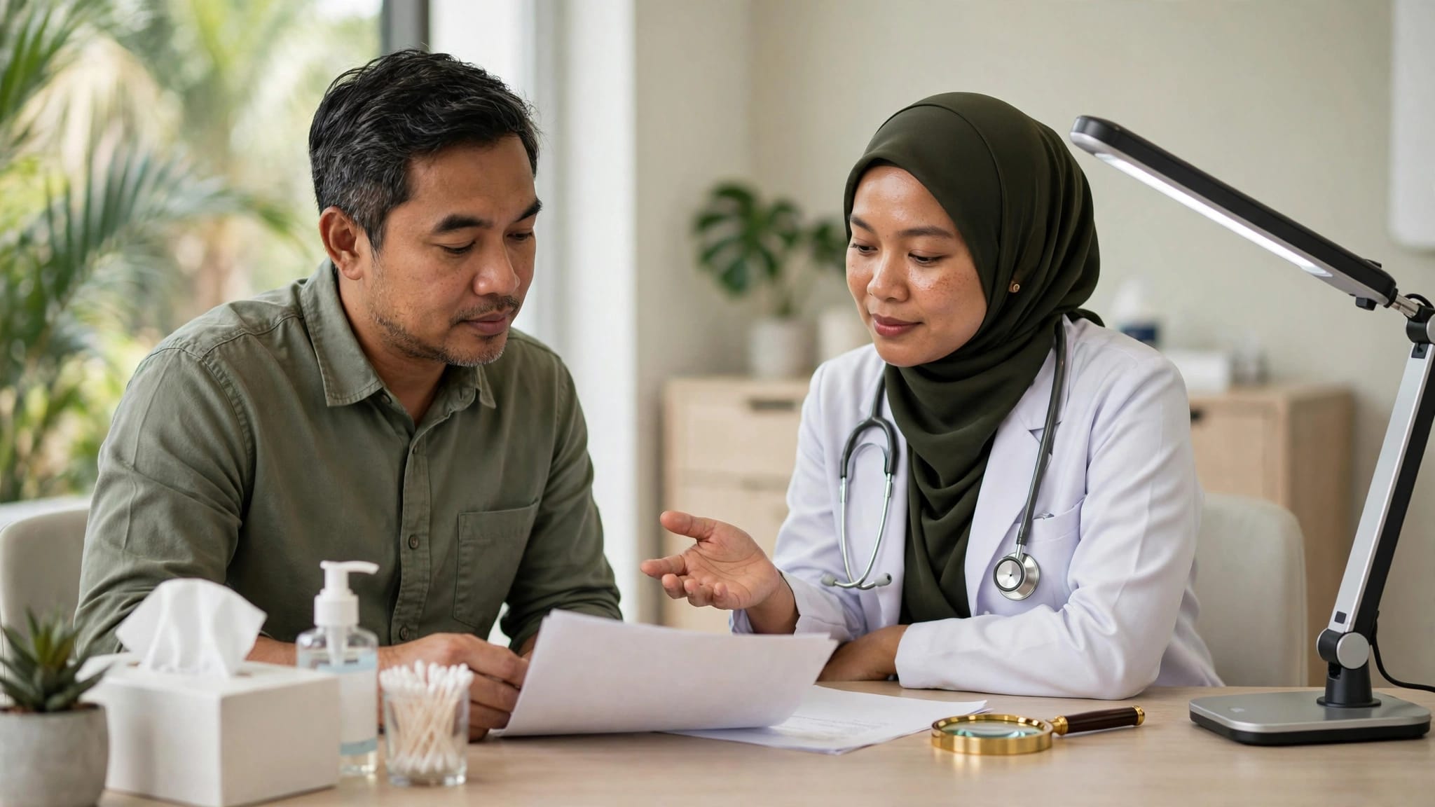 Dermatologist and patient review a pathology report at a clinic desk.