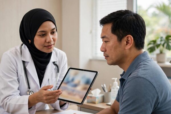 A Malaysian dermatologist explains melanoma staging to a patient using a tablet.