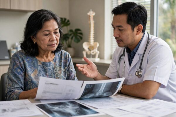 A woman discusses blood tests and bone scans with a haematologist in a clinic.