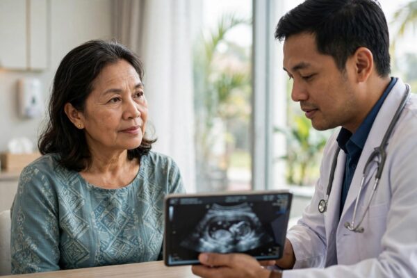 A woman listens to her oncologist explain a scan on a tablet.