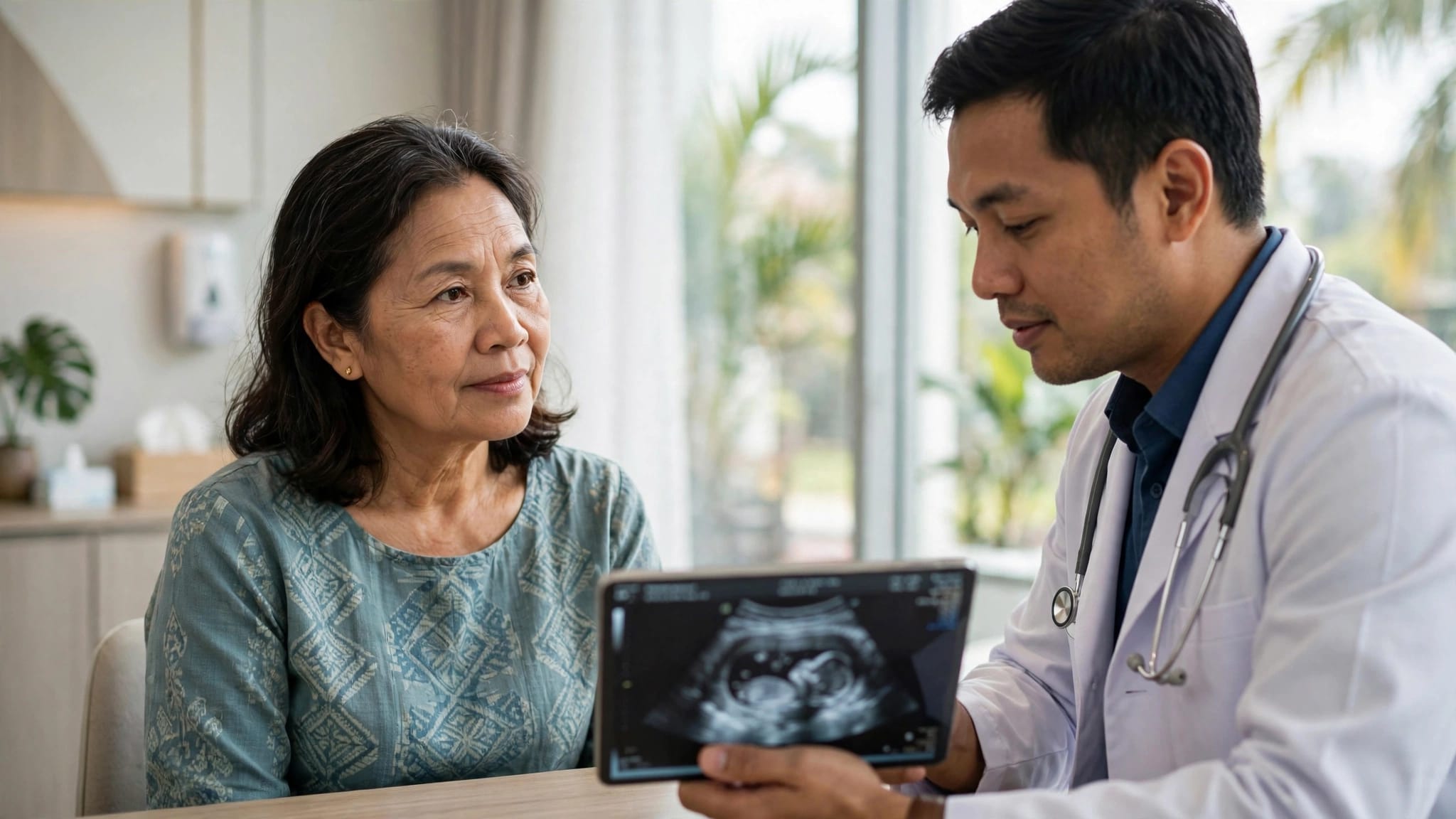 A woman listens to her oncologist explain a scan on a tablet.