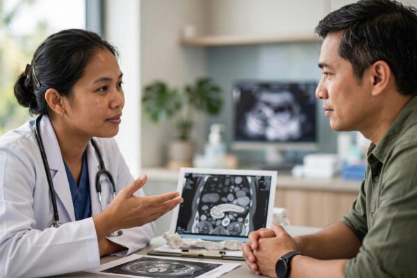 A doctor discusses a pancreatic scan with a patient in a clinic.