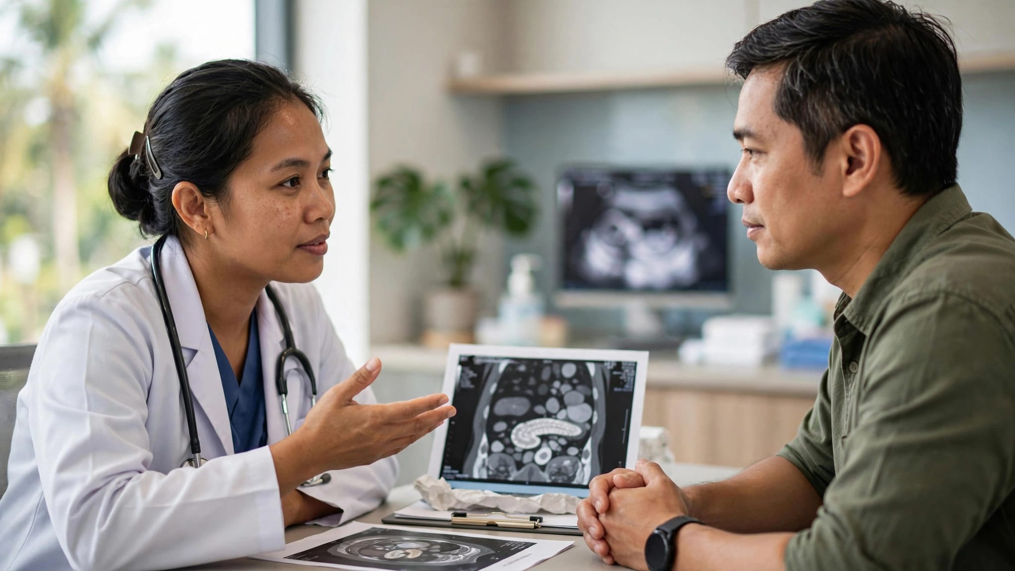 A doctor discusses a pancreatic scan with a patient in a clinic.