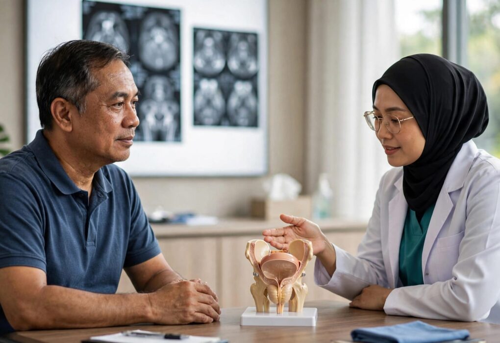 A urologist explains a prostate model to an attentive male patient.