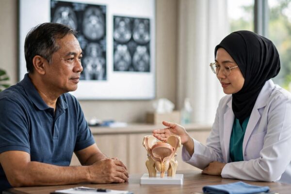 A urologist explains a prostate model to an attentive male patient.