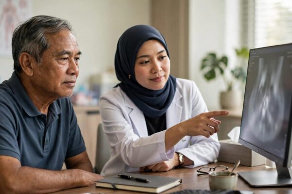 An older man discusses a blurred scan with a doctor in a consultation room.