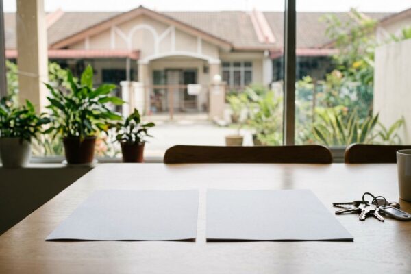 Two blank bills and house keys rest on a wooden table near a window.