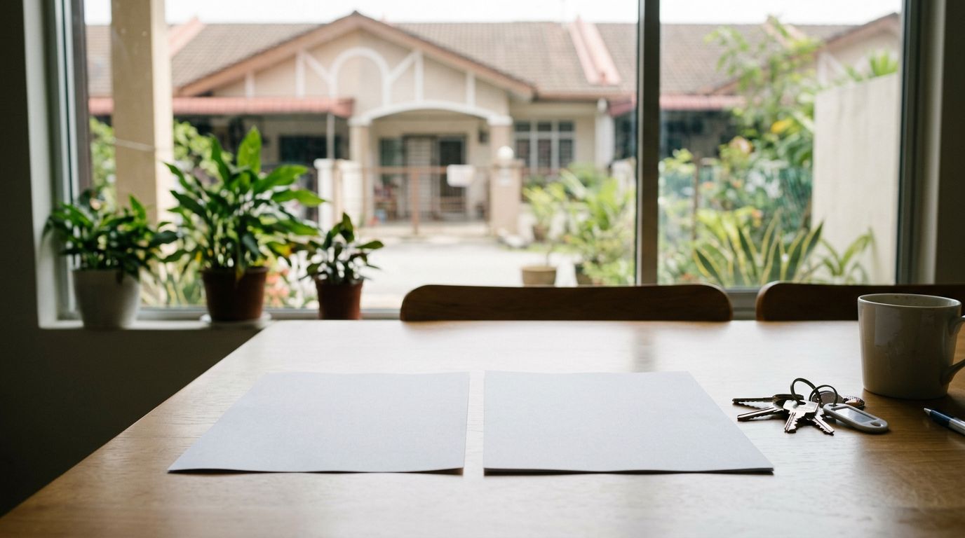 Two blank bills and house keys rest on a wooden table near a window.
