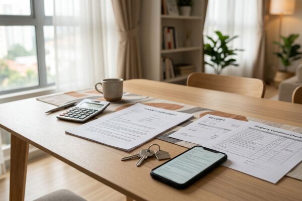 A tenancy agreement, keys, calculator, phone, receipt, and checklist arranged on a dining table.