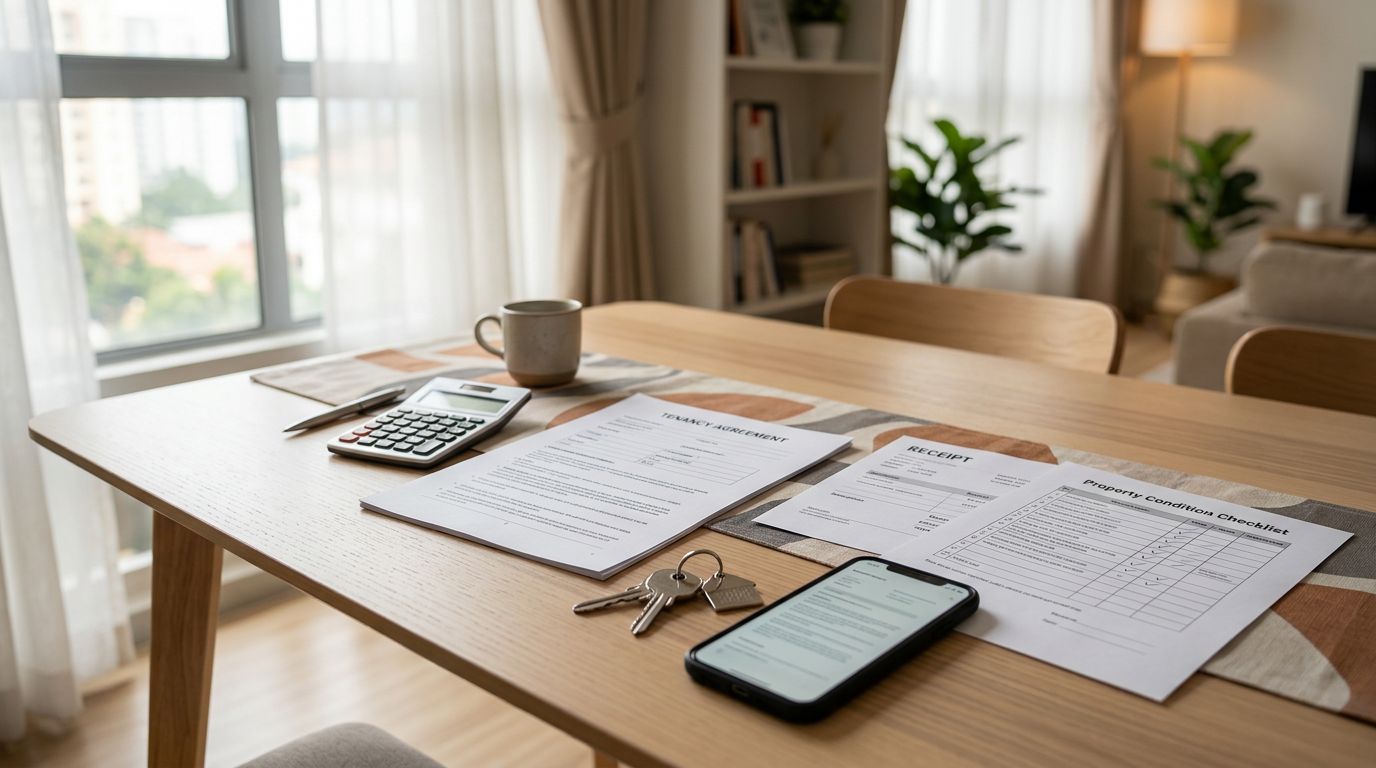 A tenancy agreement, keys, calculator, phone, receipt, and checklist arranged on a dining table.