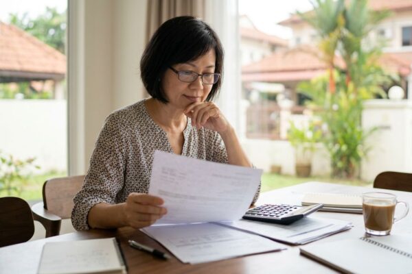 A homeowner reviews property papers and a calculator at a dining table.