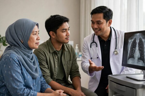 A woman and family member discuss a lung scan with an oncologist.