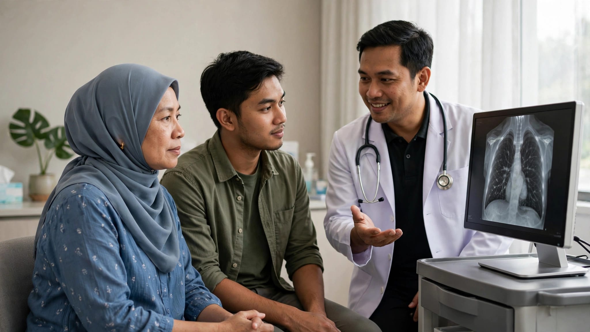 A woman and family member discuss a lung scan with an oncologist.