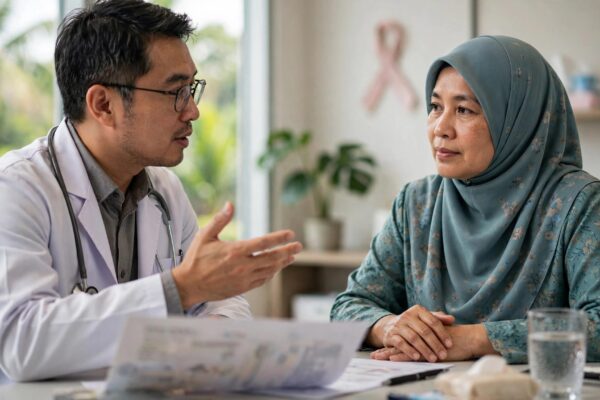 A patient and oncologist review a pathology report in a bright consultation room.