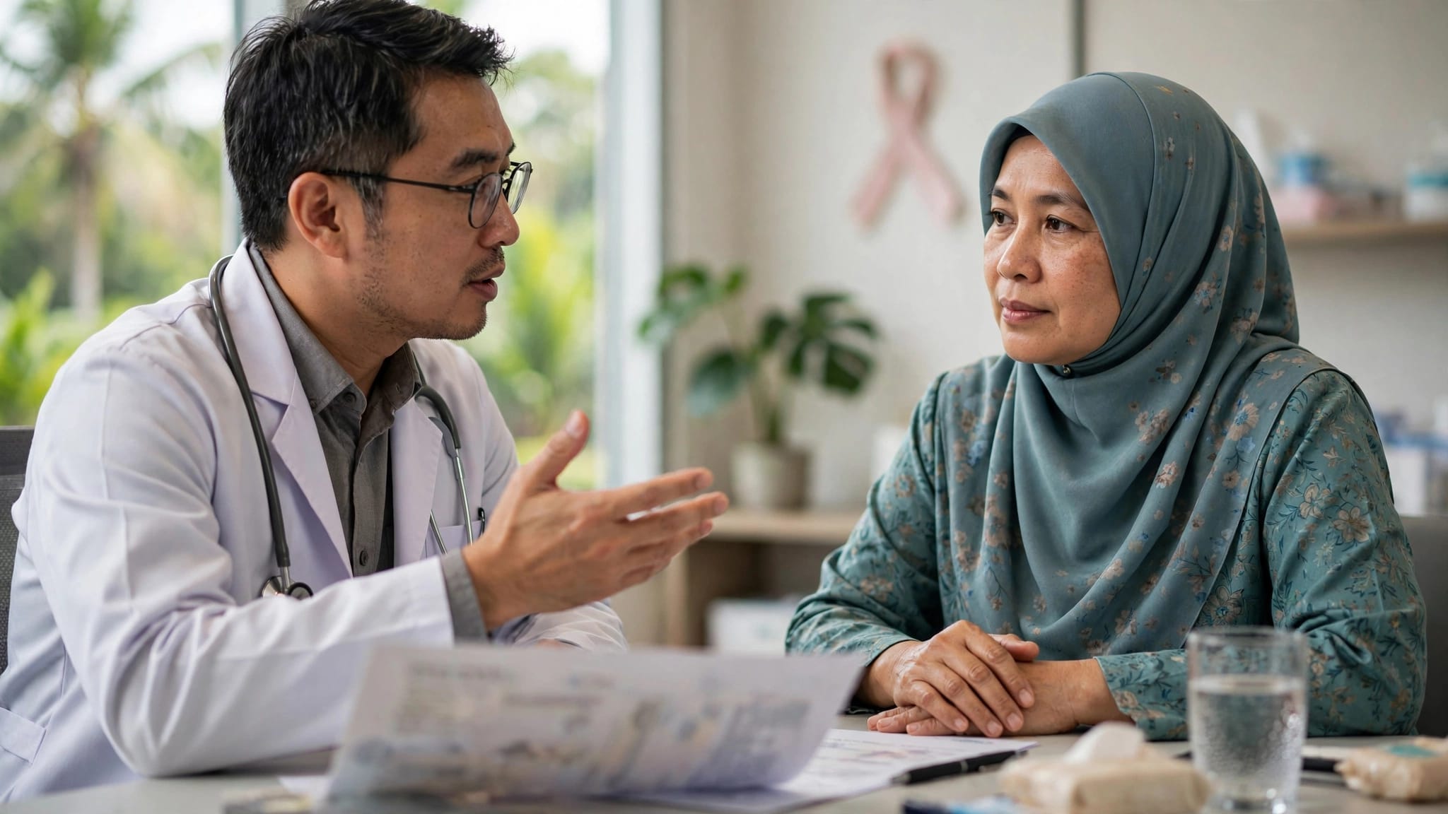 A patient and oncologist review a pathology report in a bright consultation room.