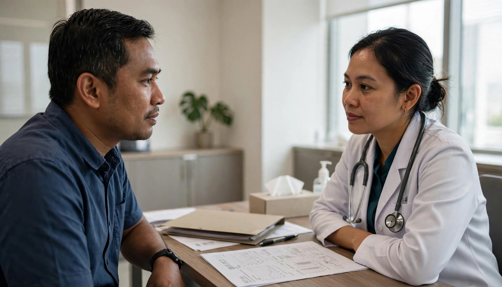 A haematologist discusses care with a patient across a desk in a clinic room.
