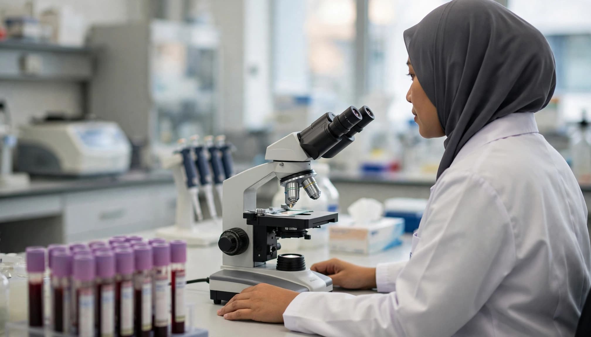 A laboratory professional reviews blood tubes beside a microscope.