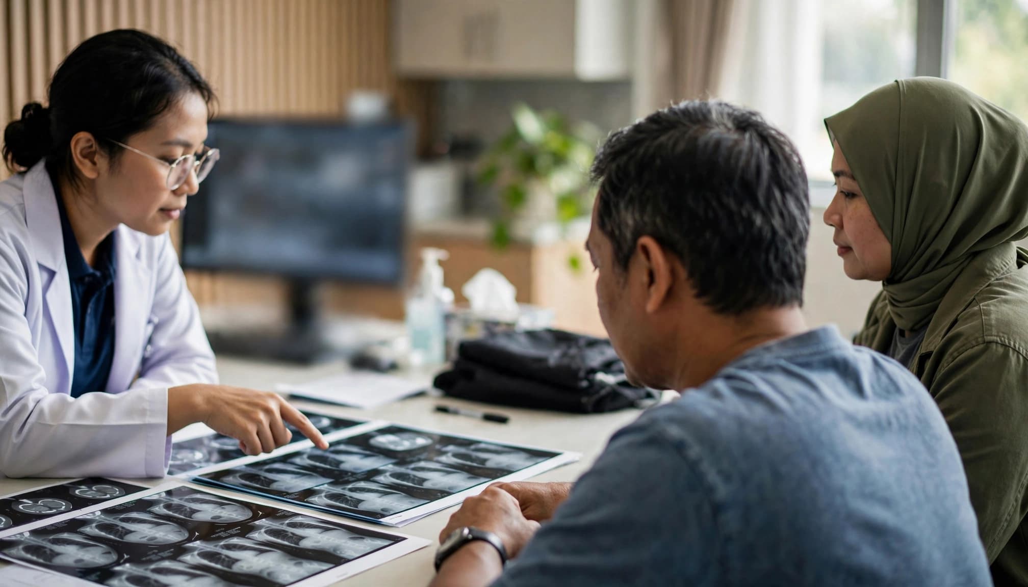 A specialist points to scan images as a patient and family caregiver watch.