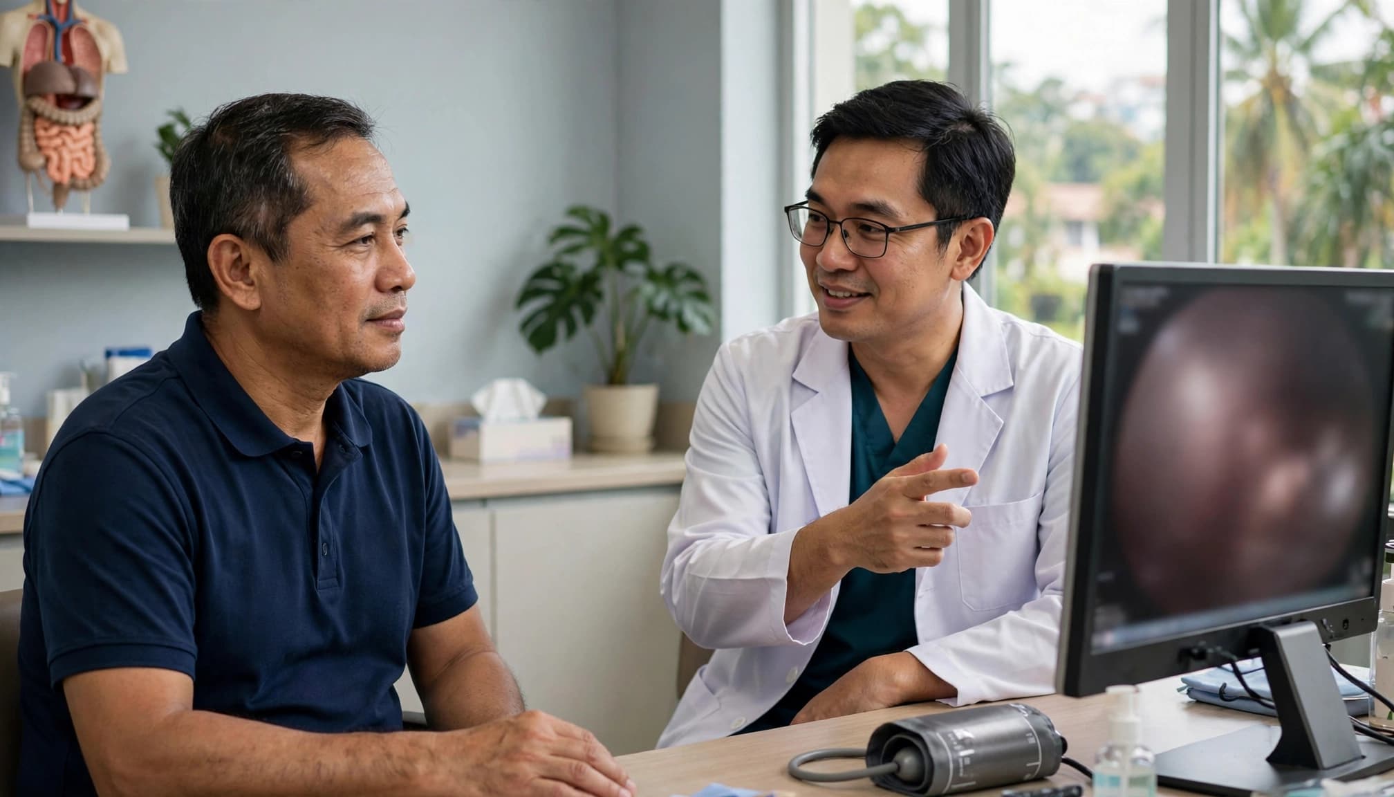 A doctor discusses an endoscopy image with a patient in a hospital room.