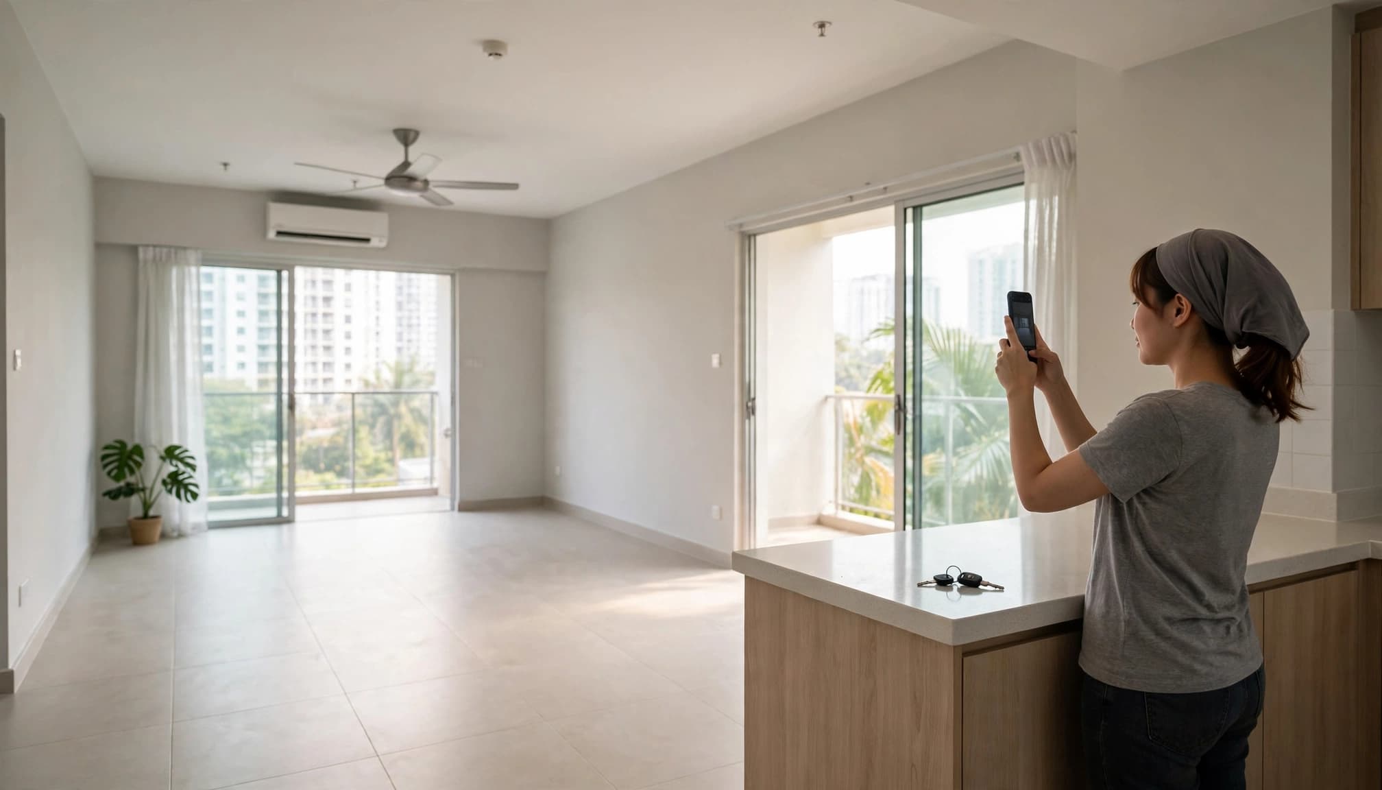 A tenant photographs an empty living room beside a counter with keys.