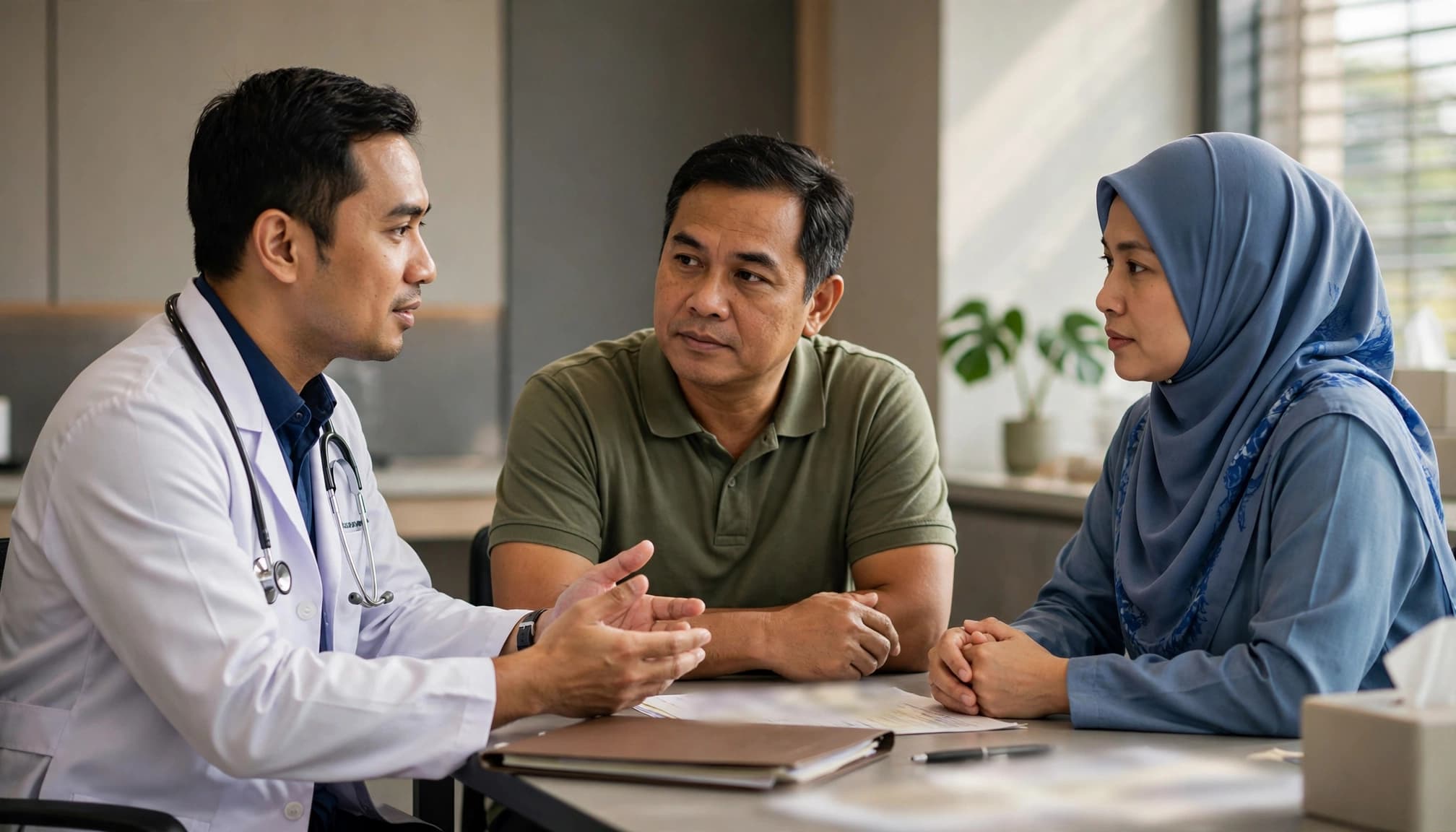 A doctor discusses blood test results with a patient and caregiver in a hospital room.