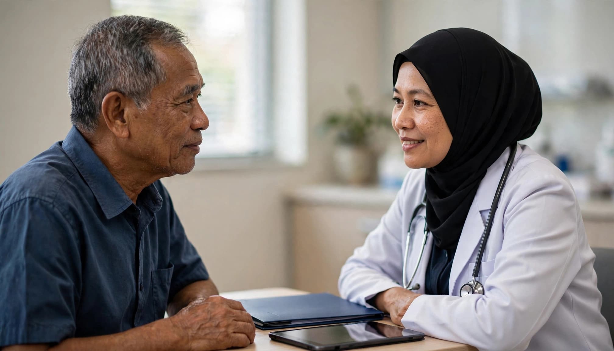 An oncologist discusses prostate cancer staging with an older man at a hospital table.