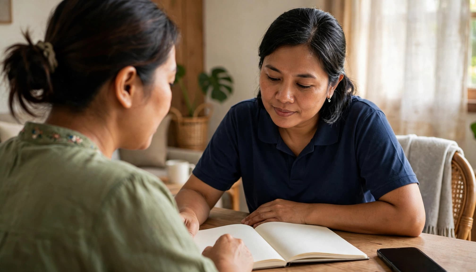 A woman and caregiver review an appointment notebook at a home dining table.