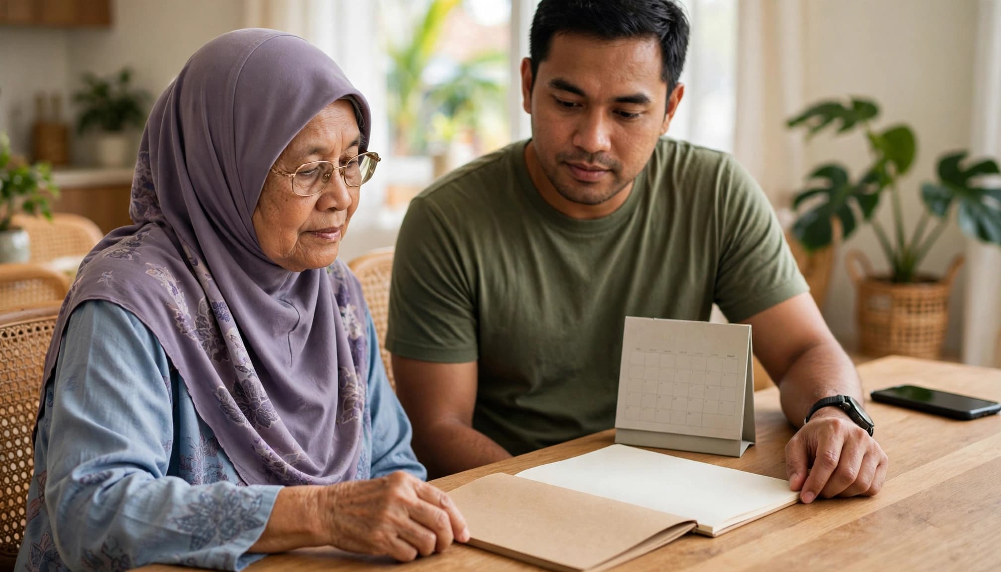 A caregiver and older woman prepare questions together at a dining table.
