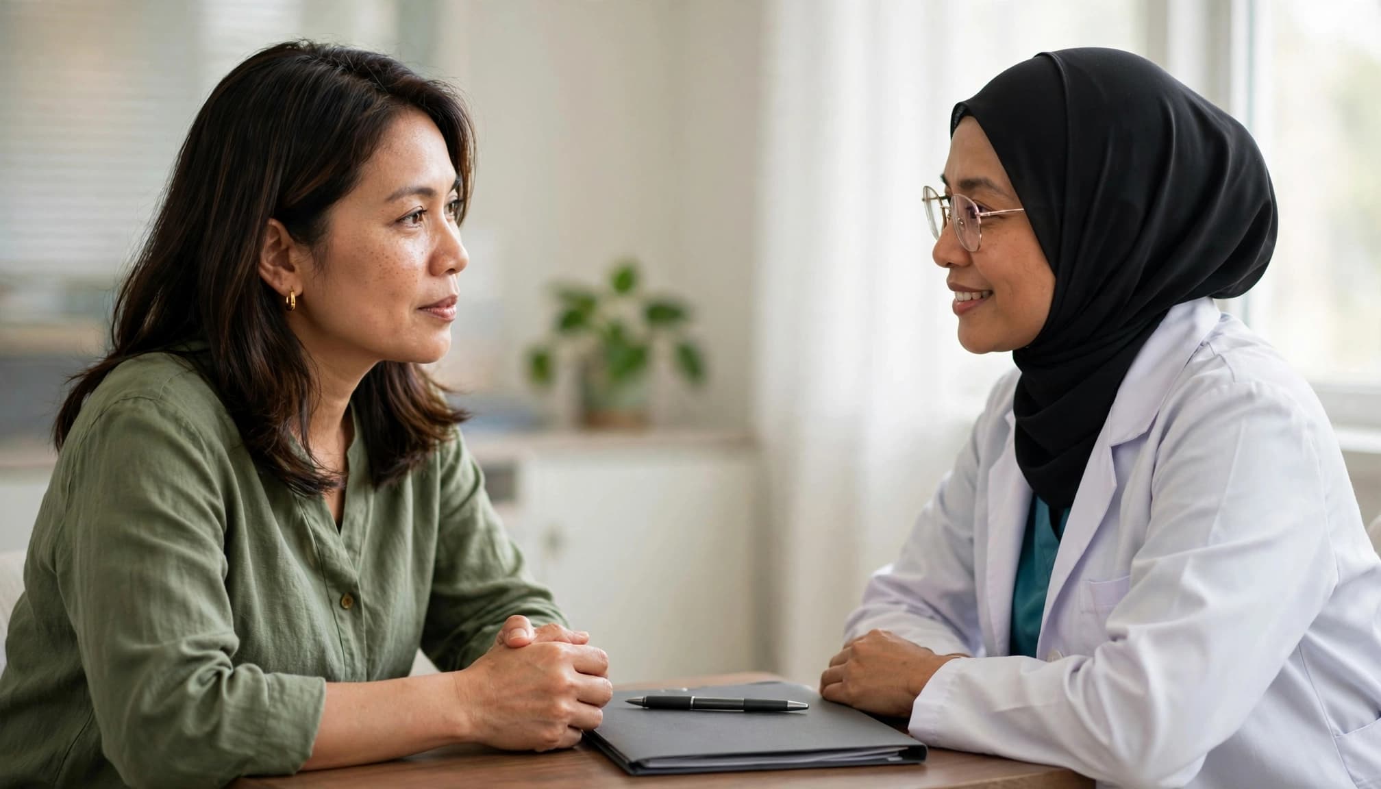A woman discusses her screening result with a doctor at a clinic table.