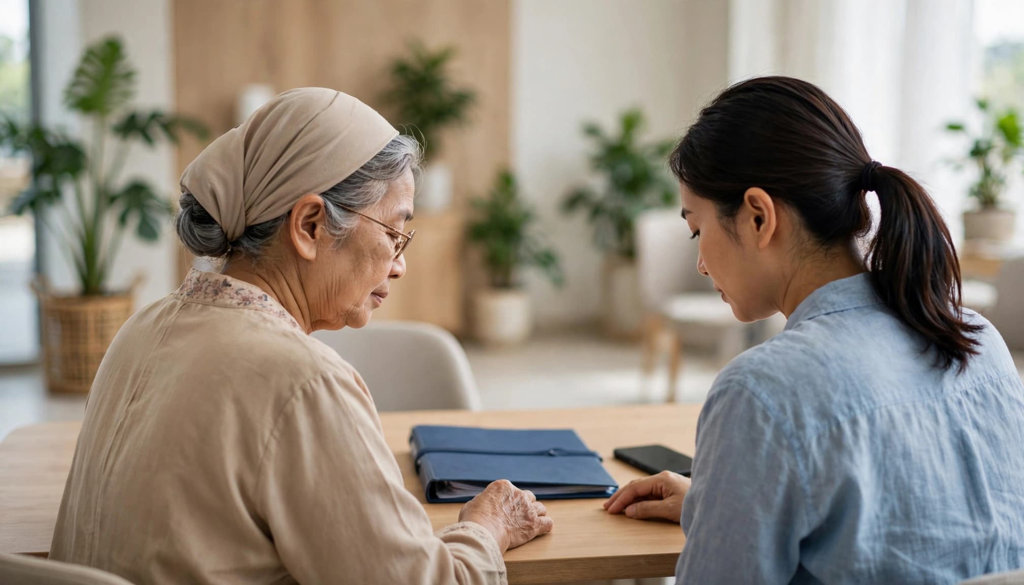 A Malaysian mother and daughter review a medical file and phone in a hospital waiting area.