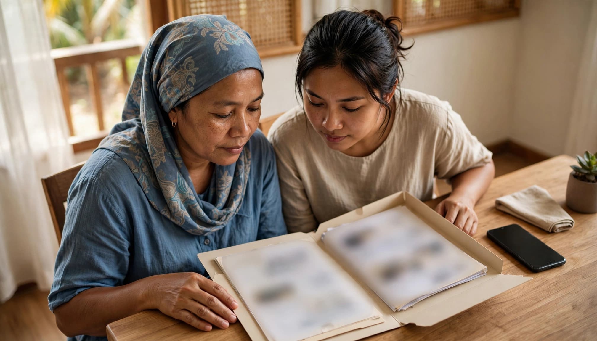 Two women review a medical folder at a sunlit dining table.