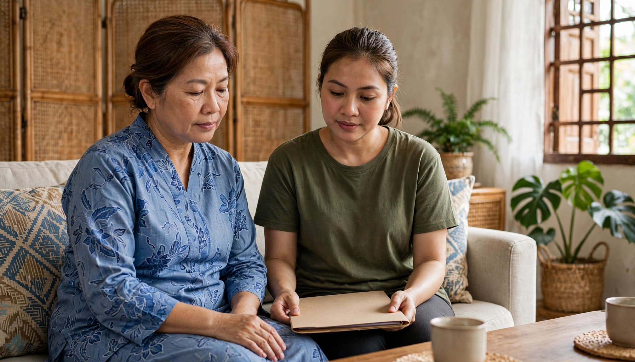 A woman and her relative review a folder together at home.