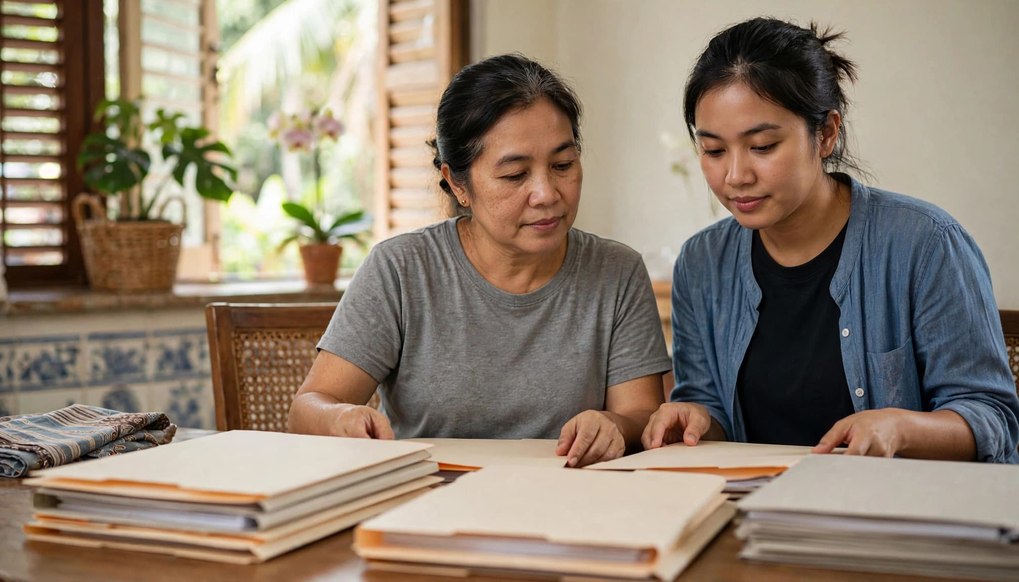 A patient and caregiver organize medical folders and appointment papers at home.