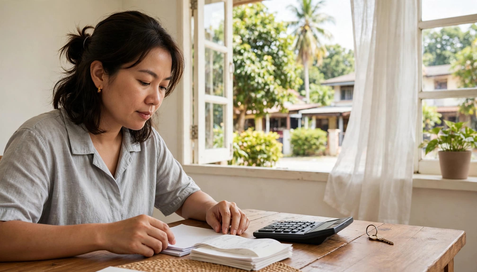 A homeowner reviews sale papers beside a key and calculator at a dining table.