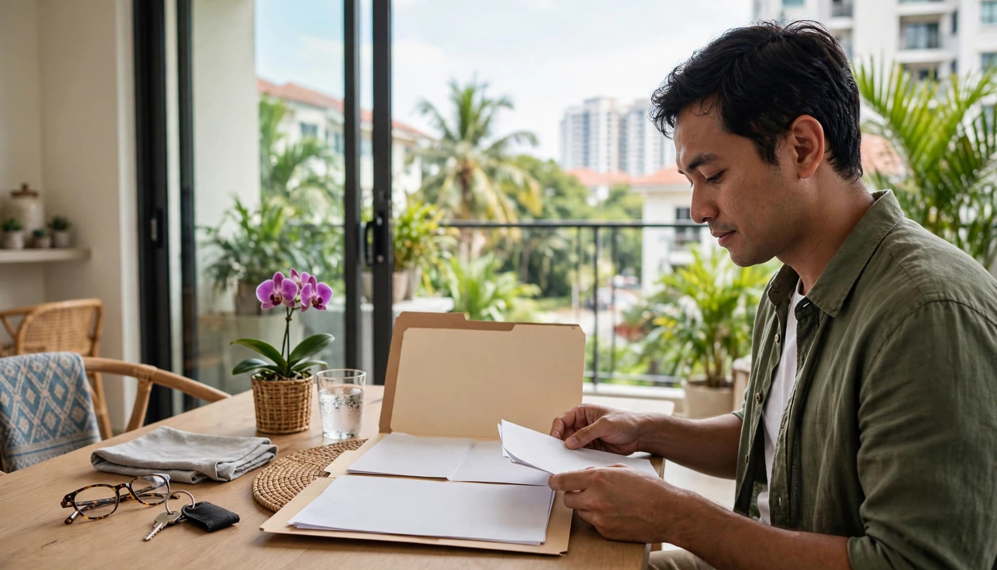 A Malaysian homeowner reviews two bills and ownership papers at a dining table.