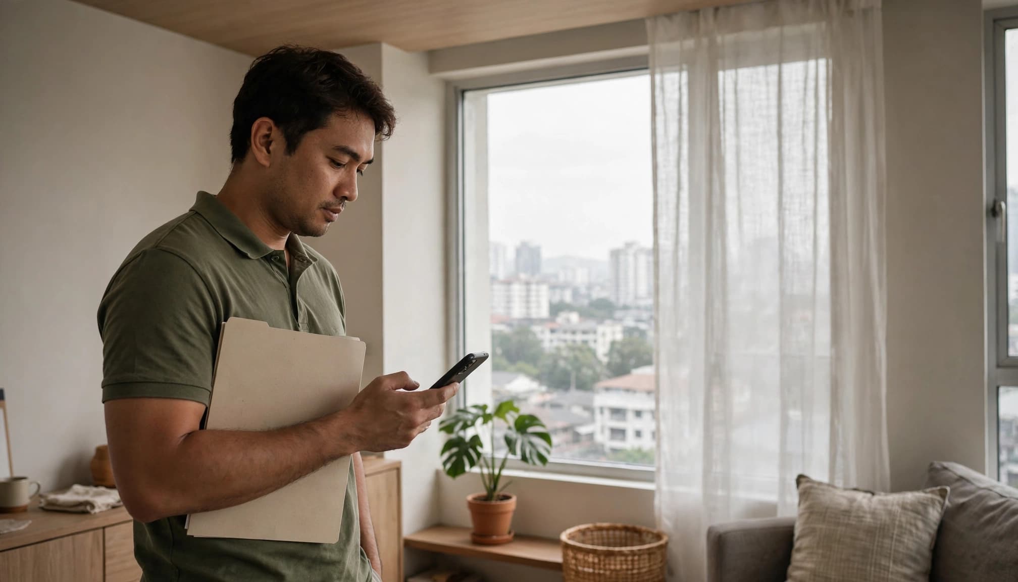 A homeowner holds a folder and smartphone beside an apartment window.