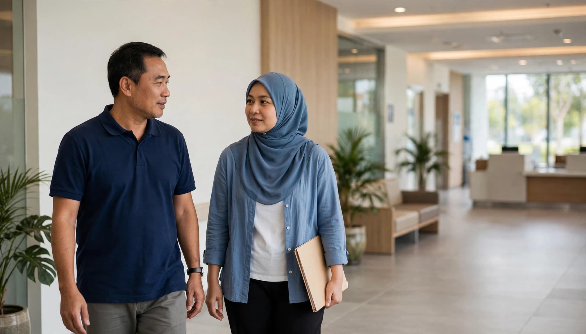 A Malaysian caregiver and woman patient walk through a bright hospital reception area with a folder.