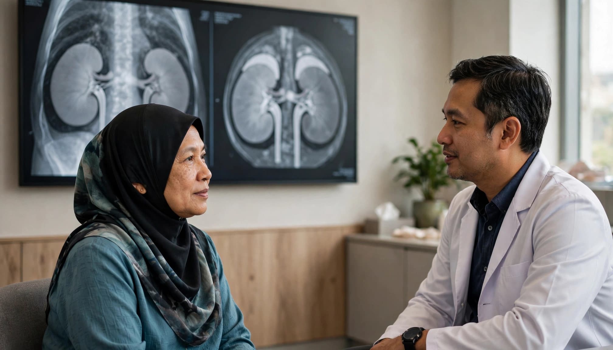 A Malaysian patient and radiologist discuss kidney scans in a modern consultation room.