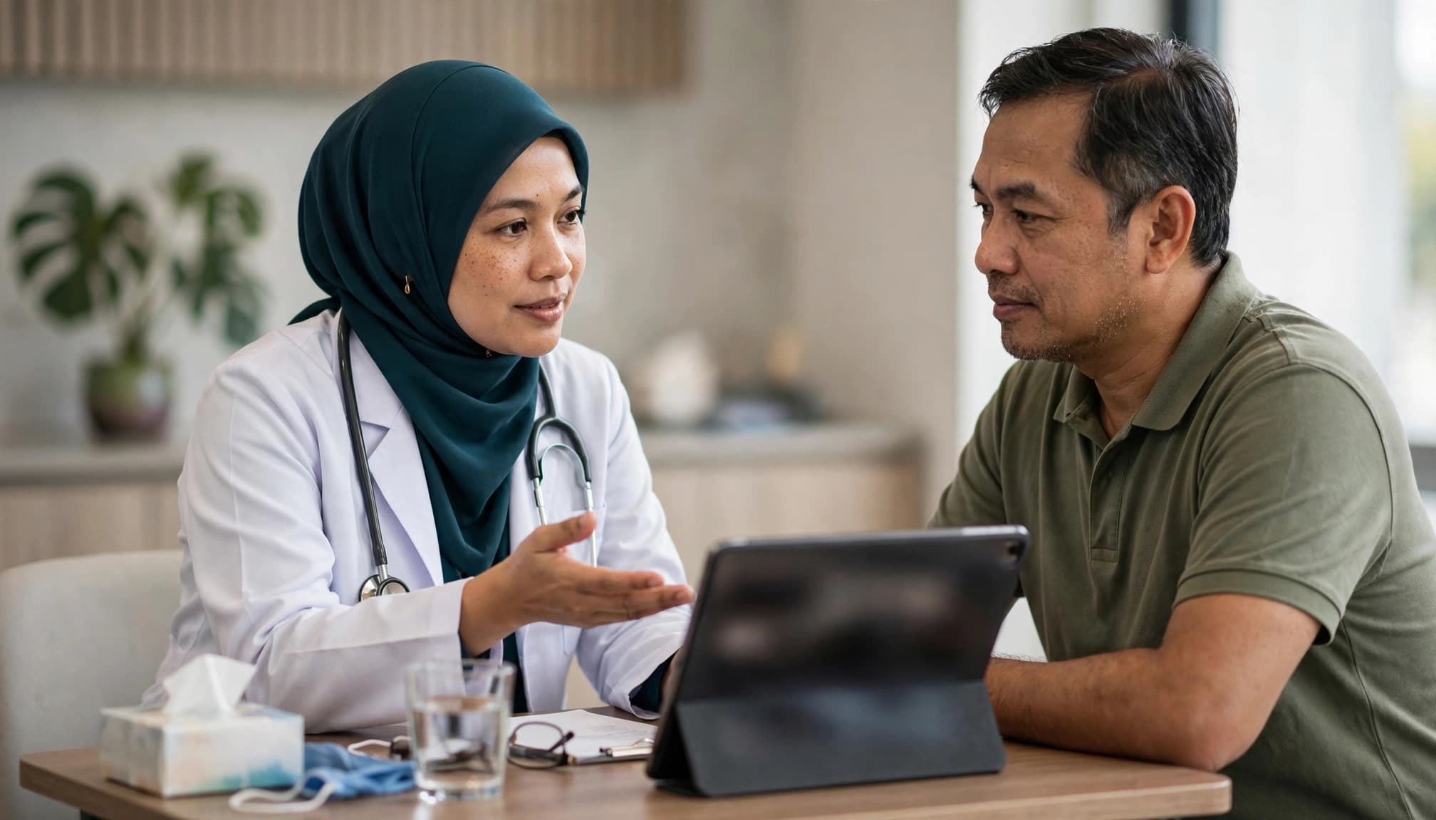 A patient listens as an oncologist discusses a lung scan across a clinic table.