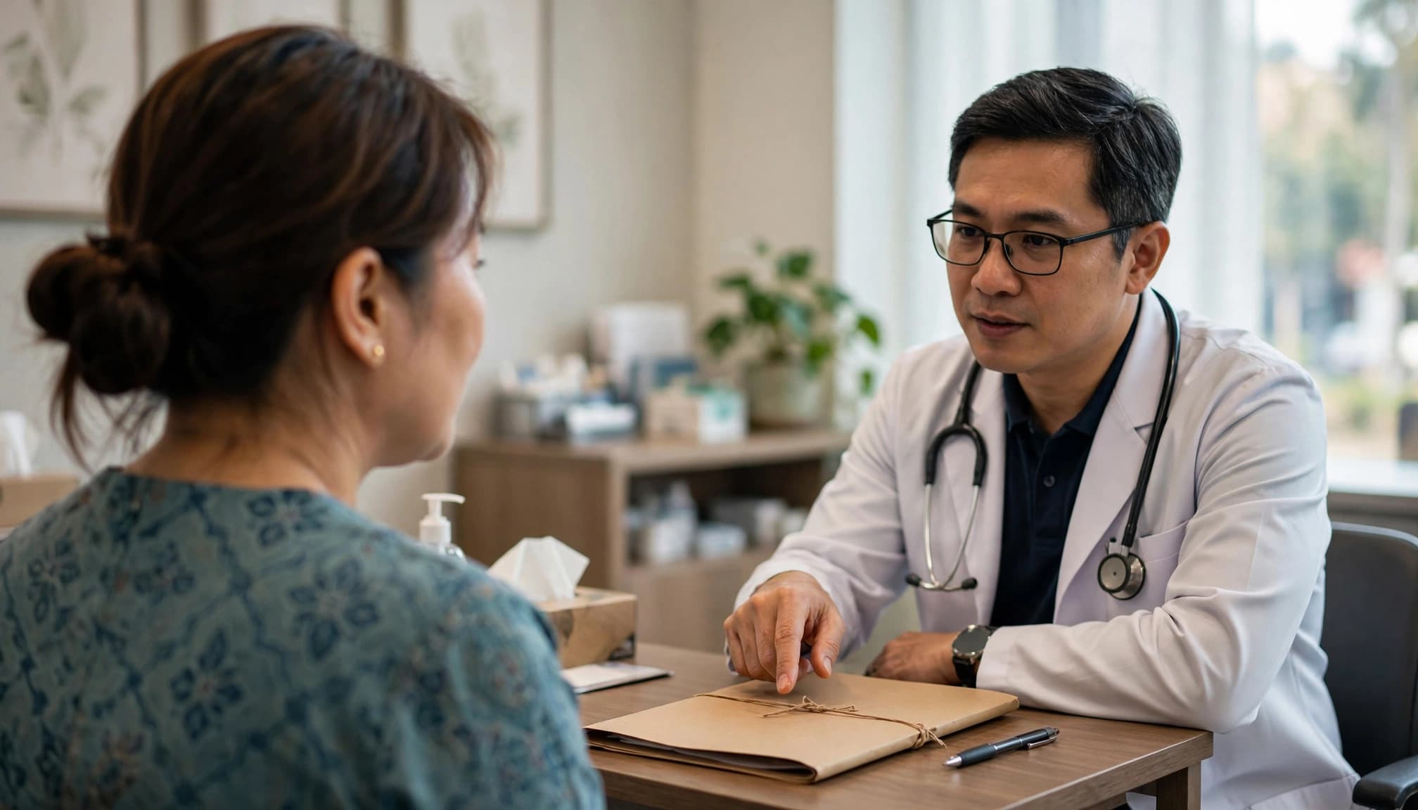 A Malaysian dermatologist speaking with a woman across a clinic table beside a closed folder.